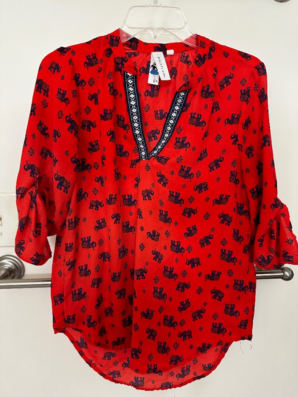 Society Girl 3/4 Sleeve Elephant Print Blouse